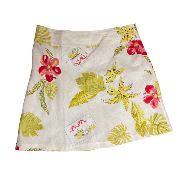 Uniform-John Paul Richard Skirt Pure Linen White Size 14 Tropical‎ Floral A-Line - Picture 1 of 9
